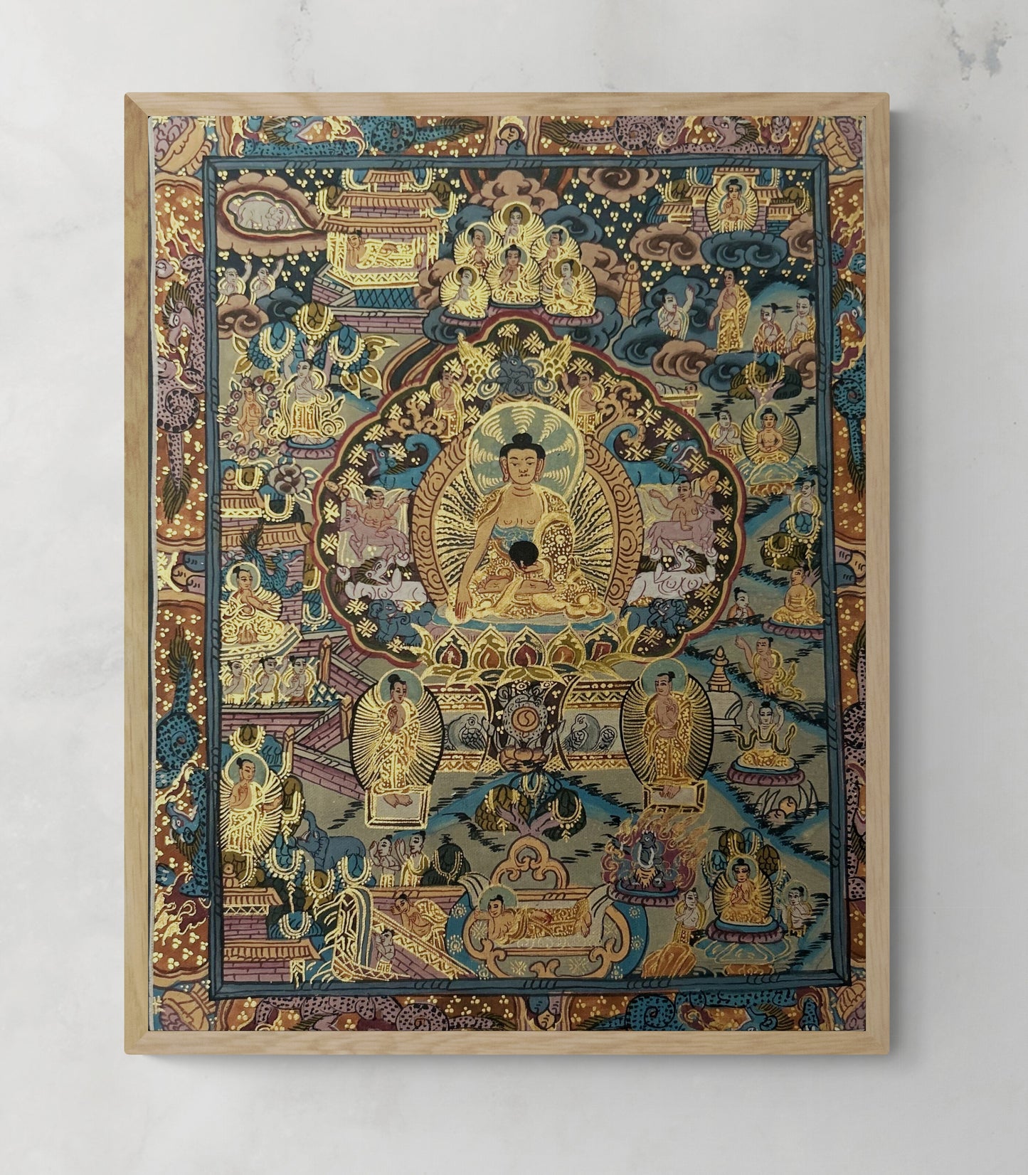 Buddha's Life Story Thangka painting showing Siddhartha Gautama's journey to enlightenment, with Buddhist symbols and prophetic dream depiction