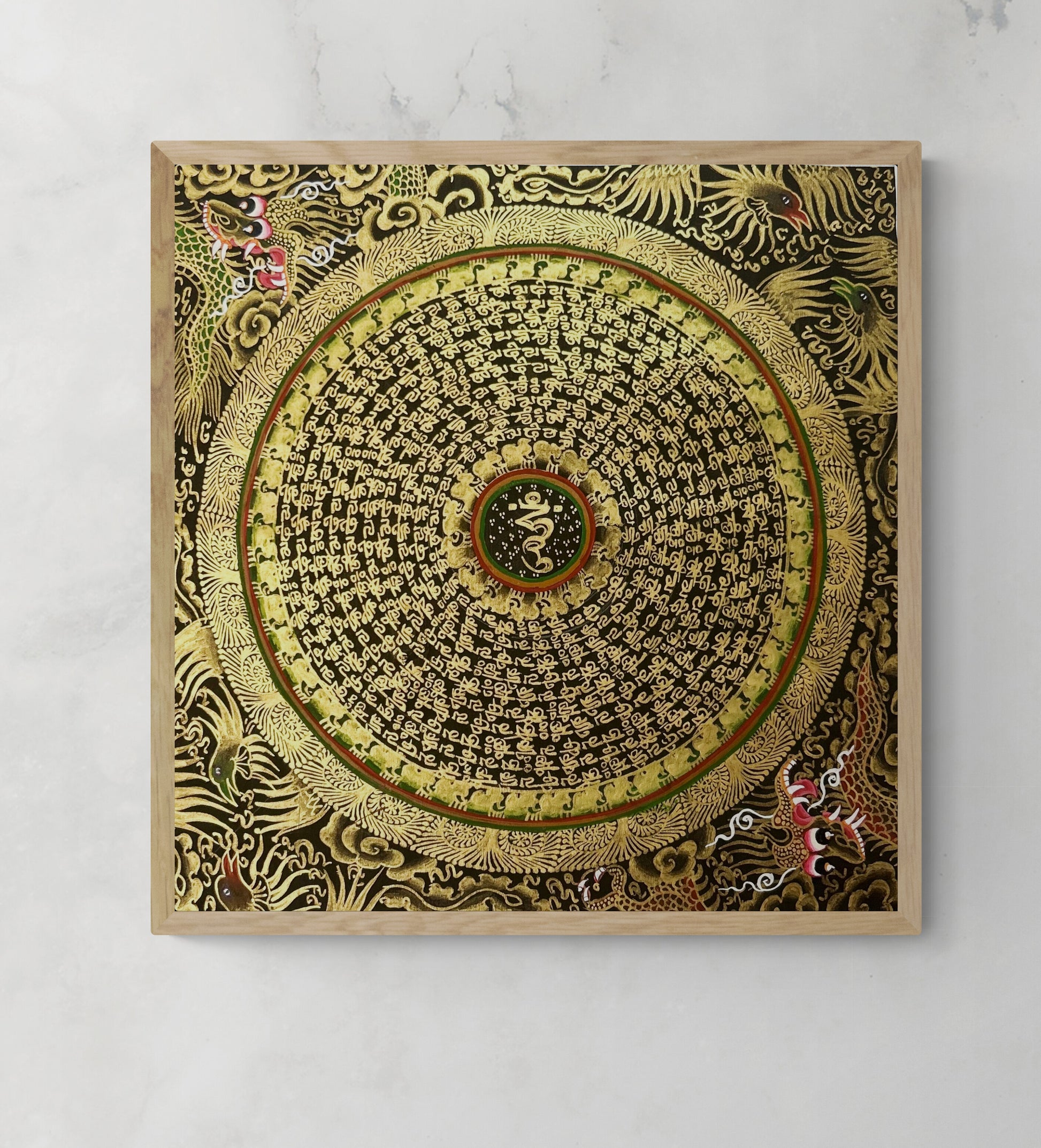 Gold Mantra Mandala Thangka with 'Om Mane Padme Hum' mantra, symbolizing compassion and knowledge, hand-painted in gold hues by Nepalese monks.
